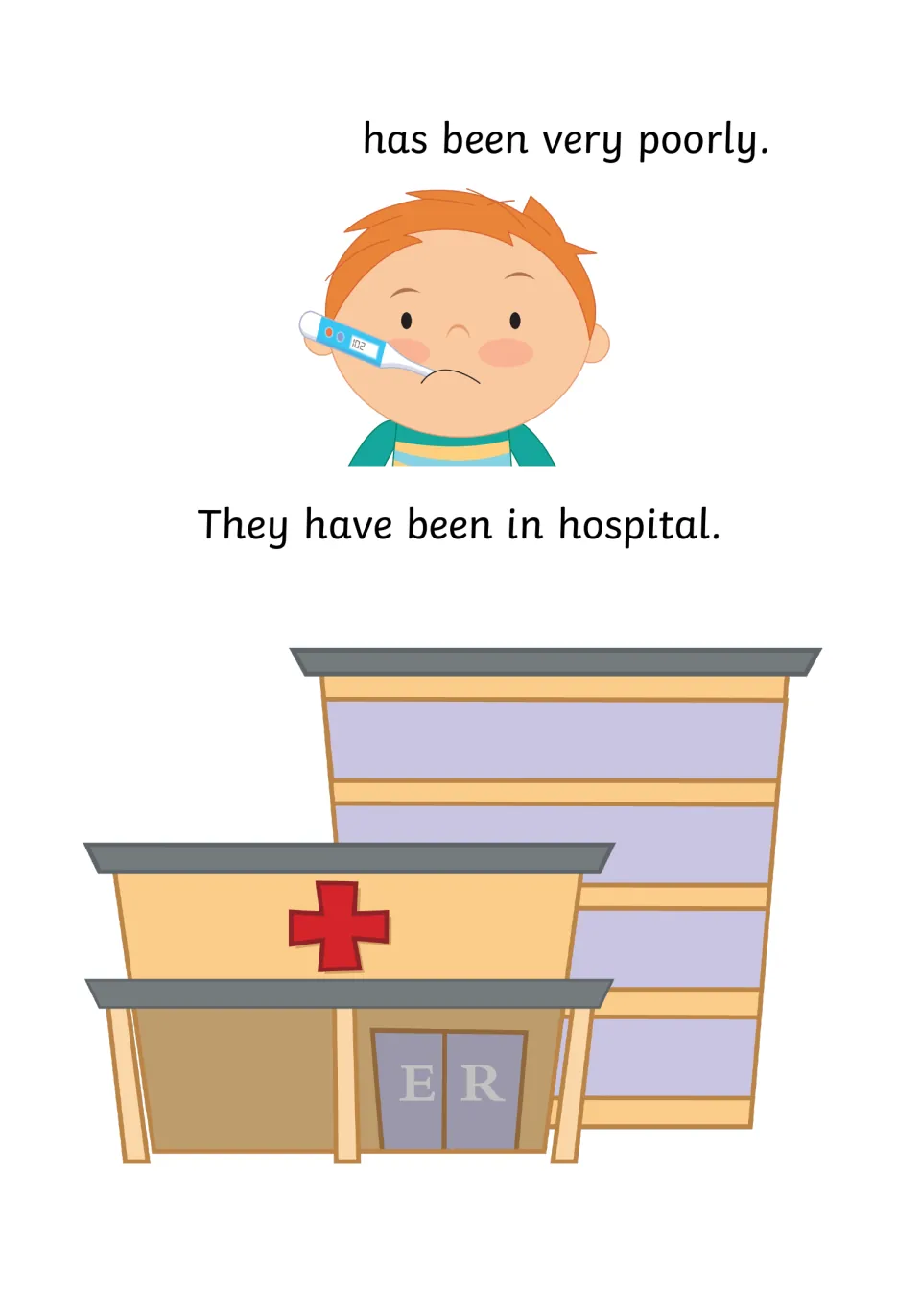 Illness: '___ has been very poorly. They have been in hospital,' with a feverish child with a thermometer and an ER building