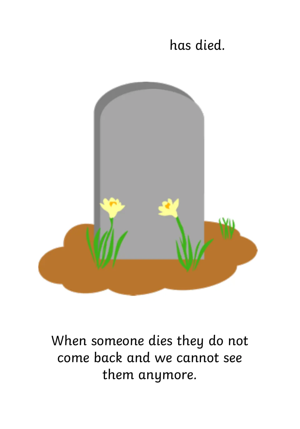 Explaining death: '___ has died' by a gravestone with daffodils; when someone dies they do not come back or be seen again