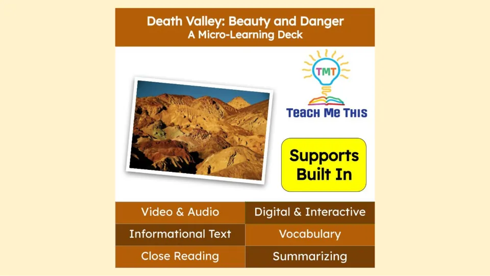 Death Valley: Beauty and Danger cover introduces a micro-learning deck with video, audio, and reading.