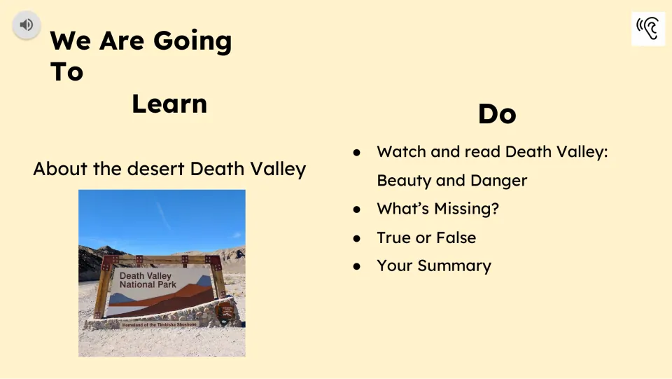Learning goals slide introduces Death Valley and lists watching, reading, missing words, true or false, and summary.