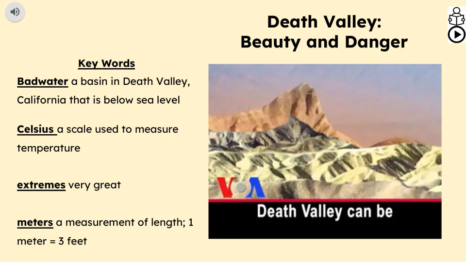 Vocabulary and video slide defines Badwater, Celsius, extremes, and meters beside a Death Valley video still.