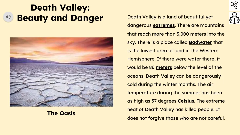 Reading passage describes Death Valley's mountains, Badwater, winter cold, and summer heat reaching 57 degrees Celsius.