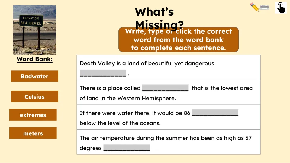Missing-word activity has four Death Valley sentences and a word bank: Badwater, Celsius, extremes, and meters.
