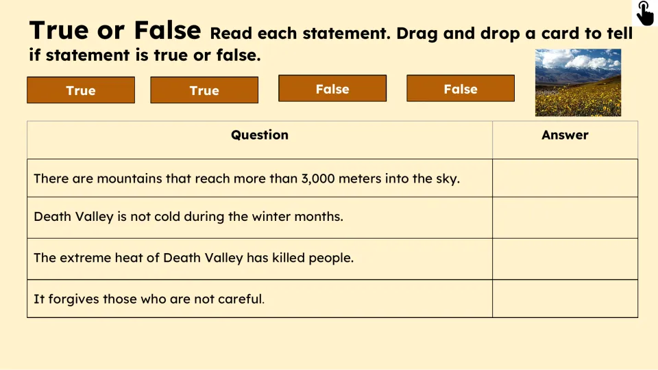 True-or-false activity asks about mountains over 3,000 meters, winter cold, deadly heat, and being careful.