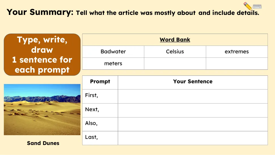 Summary activity asks for one sentence each for First, Next, Also, and Last, using a four-word vocabulary bank.