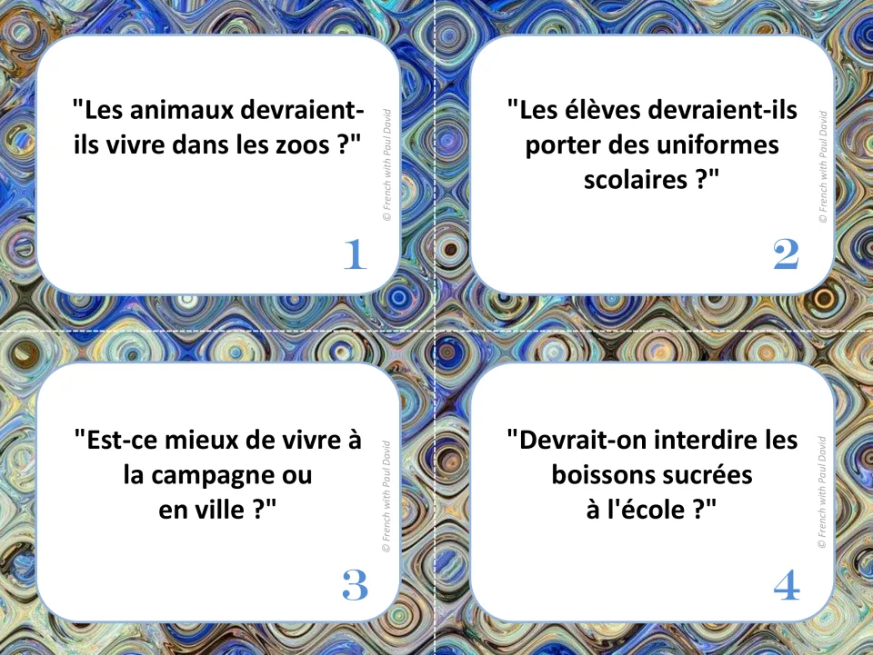 French debate cards 1–4: zoo animals, school uniforms, country versus city living, and school sugary drinks