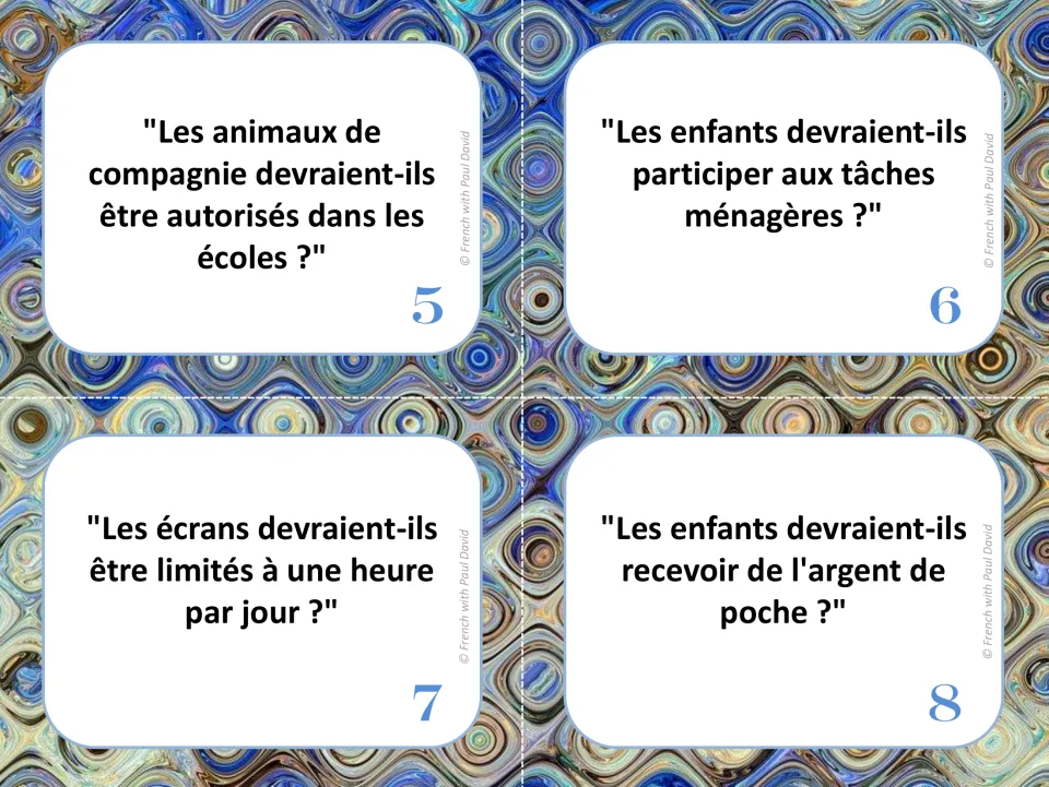 French debate cards 5–8: allowing pets in schools, children's chores, daily screen time, and pocket money