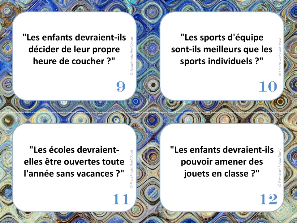French debate cards 9–12: choosing bedtimes, team versus individual sports, year-round school, and toys in class