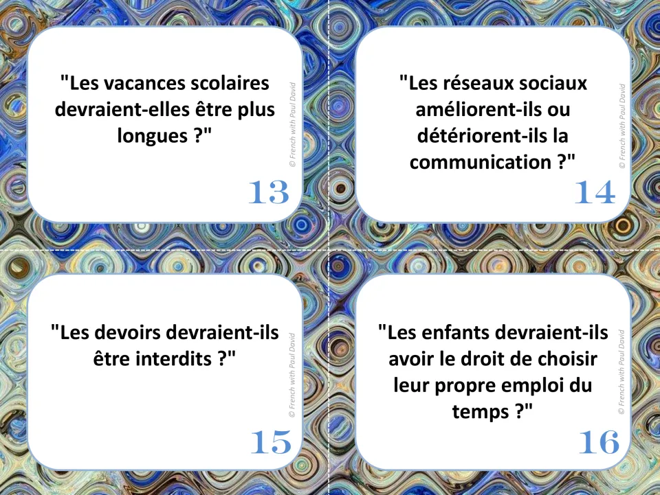 French debate cards 13–16: longer school breaks, social media, banning homework, and choosing schedules