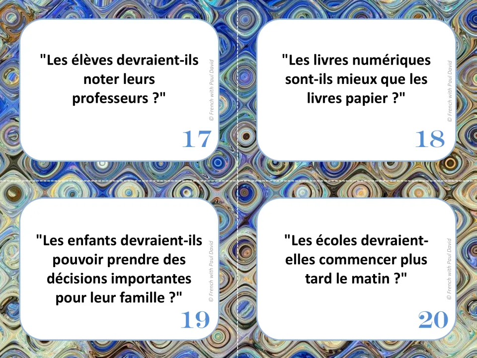 French debate cards 17–20: rating teachers, digital versus paper books, family decisions, and later school starts