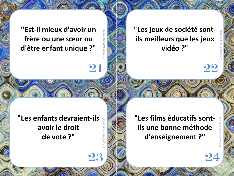 French debate cards 21–24: siblings, board games versus video games, children's voting rights, and educational films