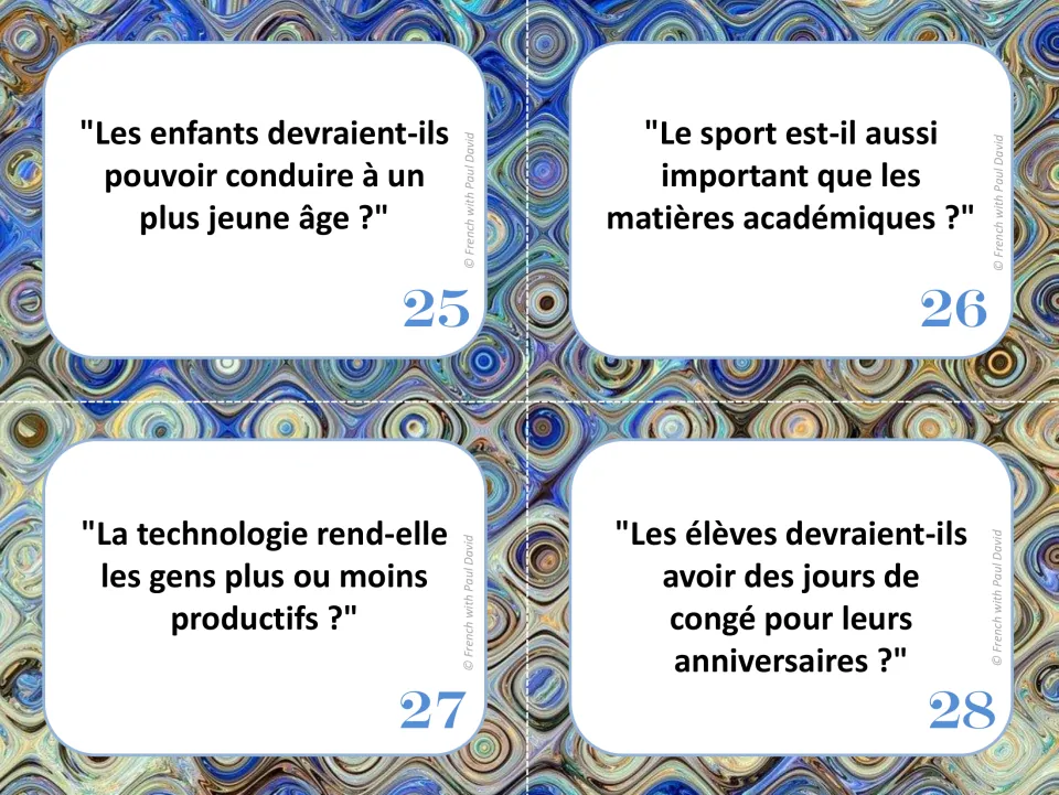 French debate cards 25–28: younger driving ages, sports versus academics, technology, and birthdays off school