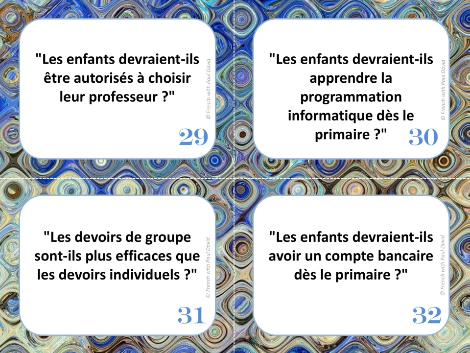 French debate cards 29–32: choosing teachers, learning coding, group versus individual homework, and bank accounts