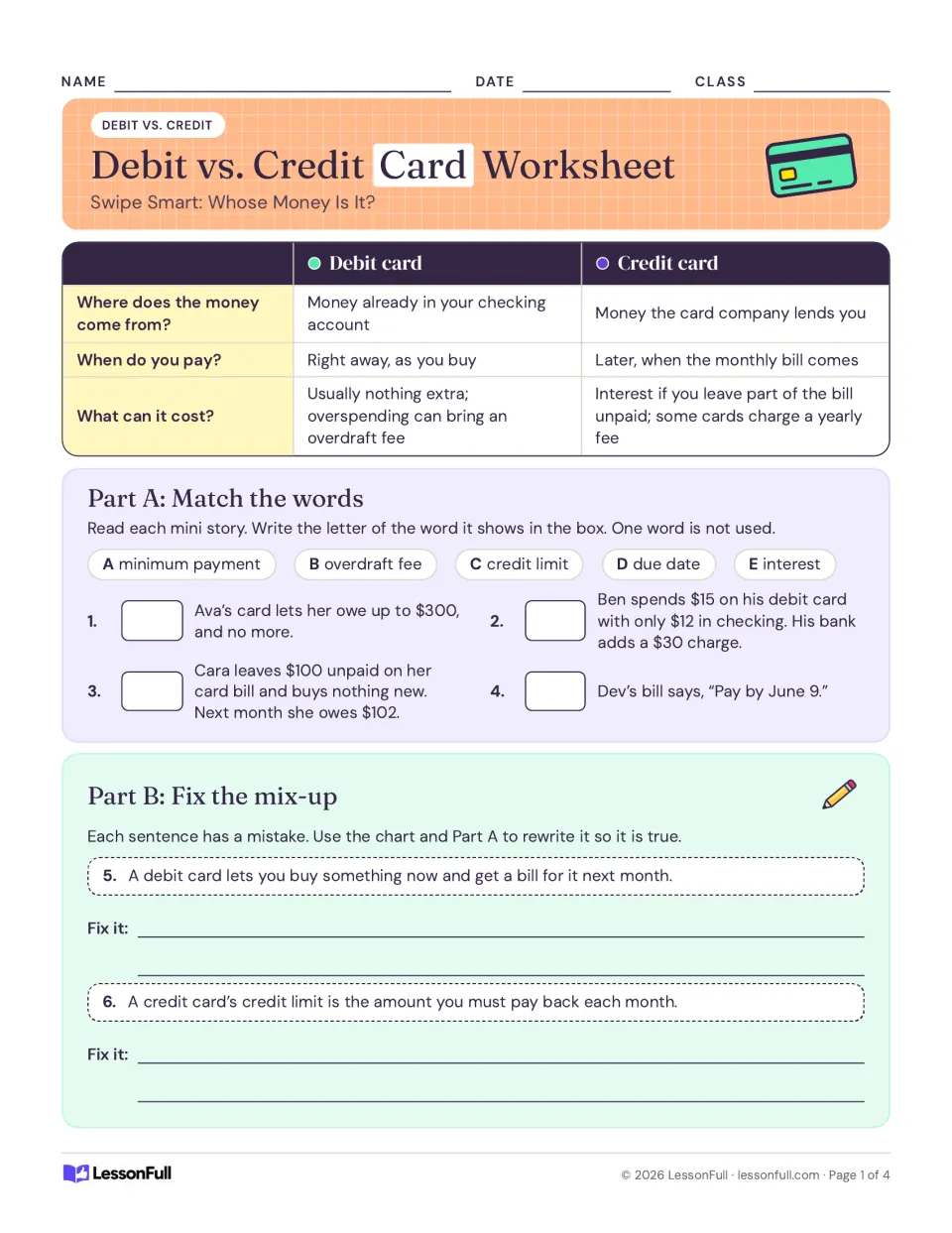 Debit and credit card practice: comparison chart, four vocabulary matches, and two sentences to correct.