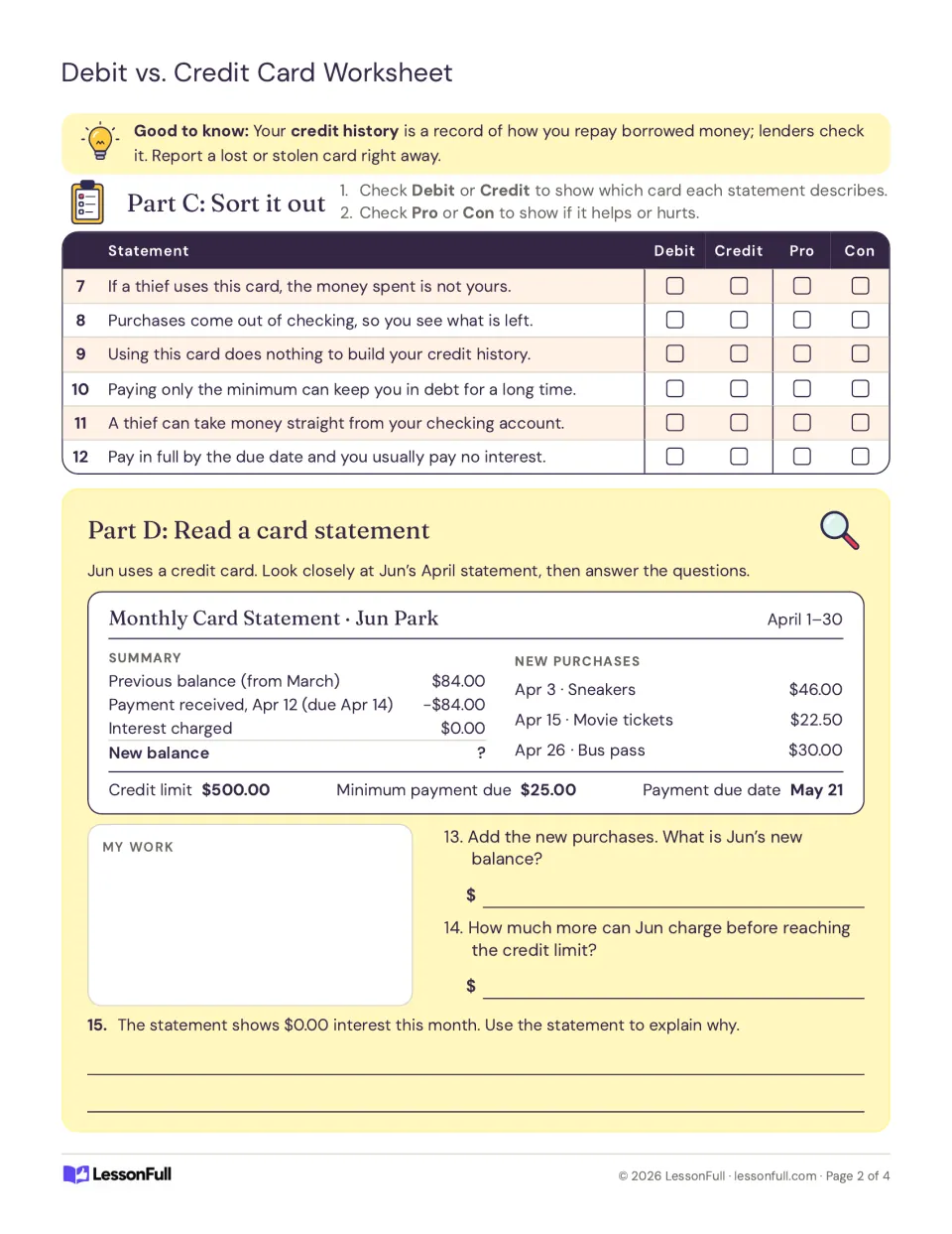 Card practice continues with six debit or credit pro/con statements and questions on Jun’s April statement.