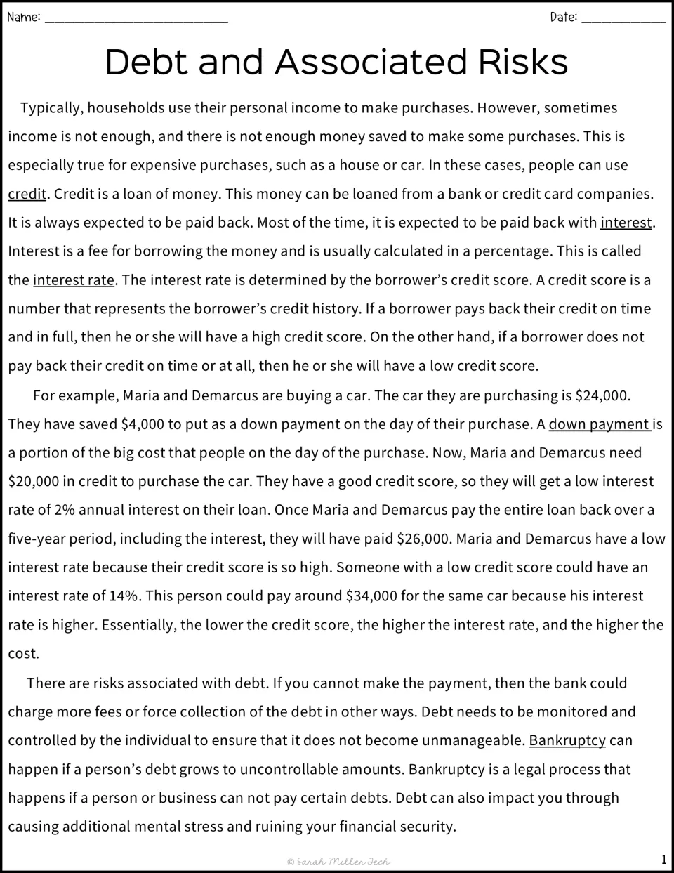 Reading passage on debt: credit, interest rates, credit scores, down payments and bankruptcy, with a $24,000 car example