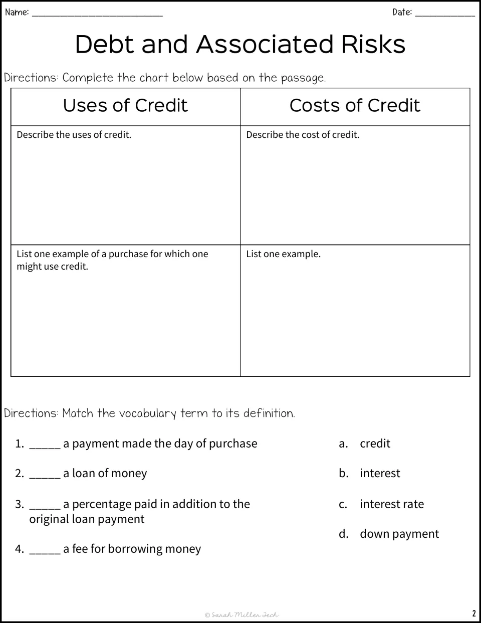 Uses and costs of credit: students complete a chart from the passage, then match four credit terms to their definitions