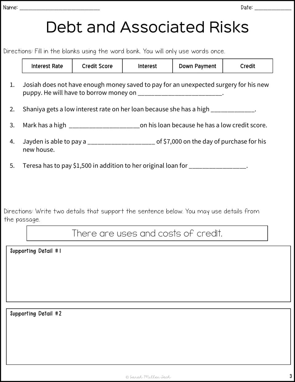 Credit vocabulary: students fill five blanks from a word bank, then write two details showing credit has uses and costs