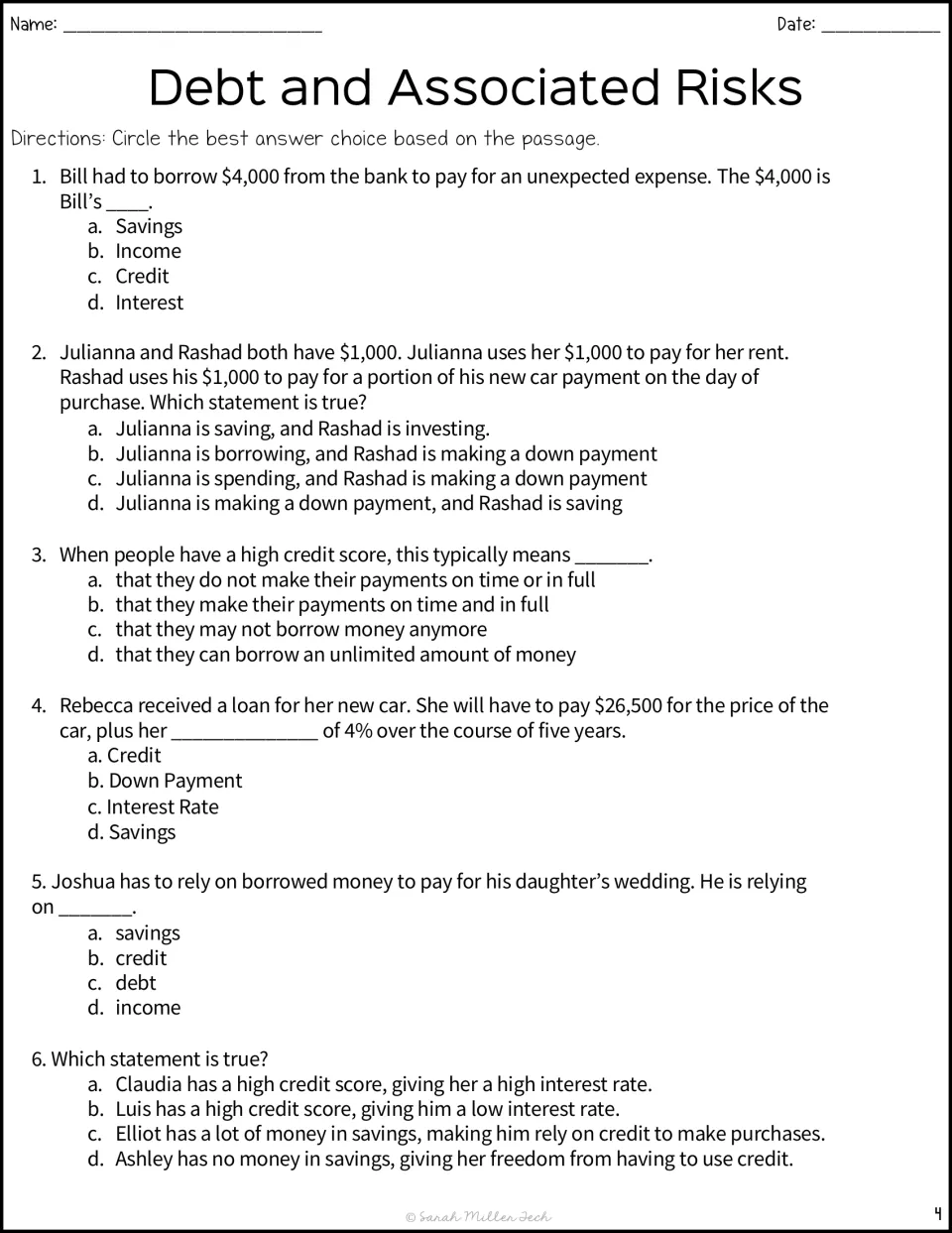 Credit scenarios: students circle answers to six multiple-choice questions on savings, down payments and credit scores