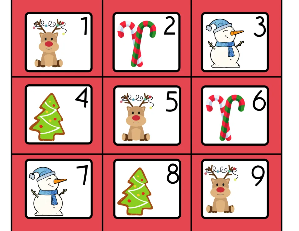 Calendar date cards 1 to 9 decorated with a reindeer, candy canes, a snowman and a cookie Christmas tree, to cut apart