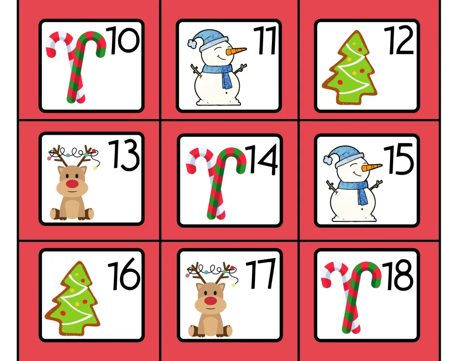 Calendar date cards 10 to 18 with candy cane, snowman, tree cookie and reindeer pictures for counting December days