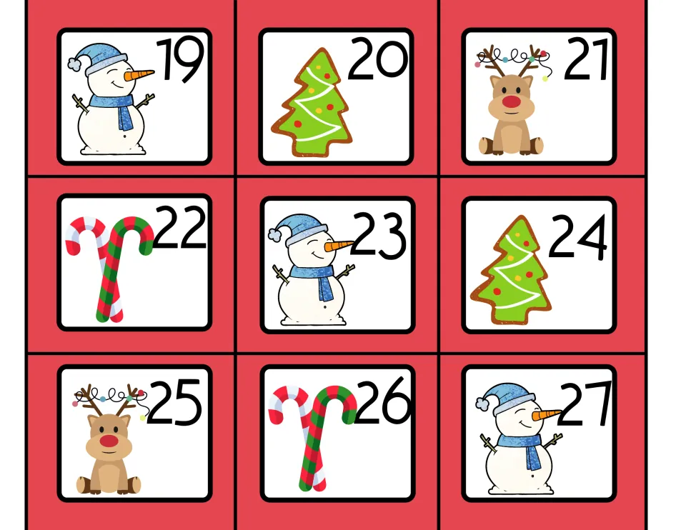 Date cards 19 to 27 for the December calendar in a repeating snowman, tree cookie, reindeer and candy cane pattern