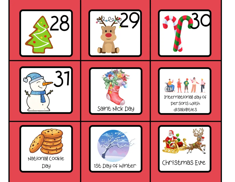 Date cards 28 to 31 plus event cards: Saint Nick Day, Disabilities Day, Cookie Day, 1st Day of Winter and Christmas Eve