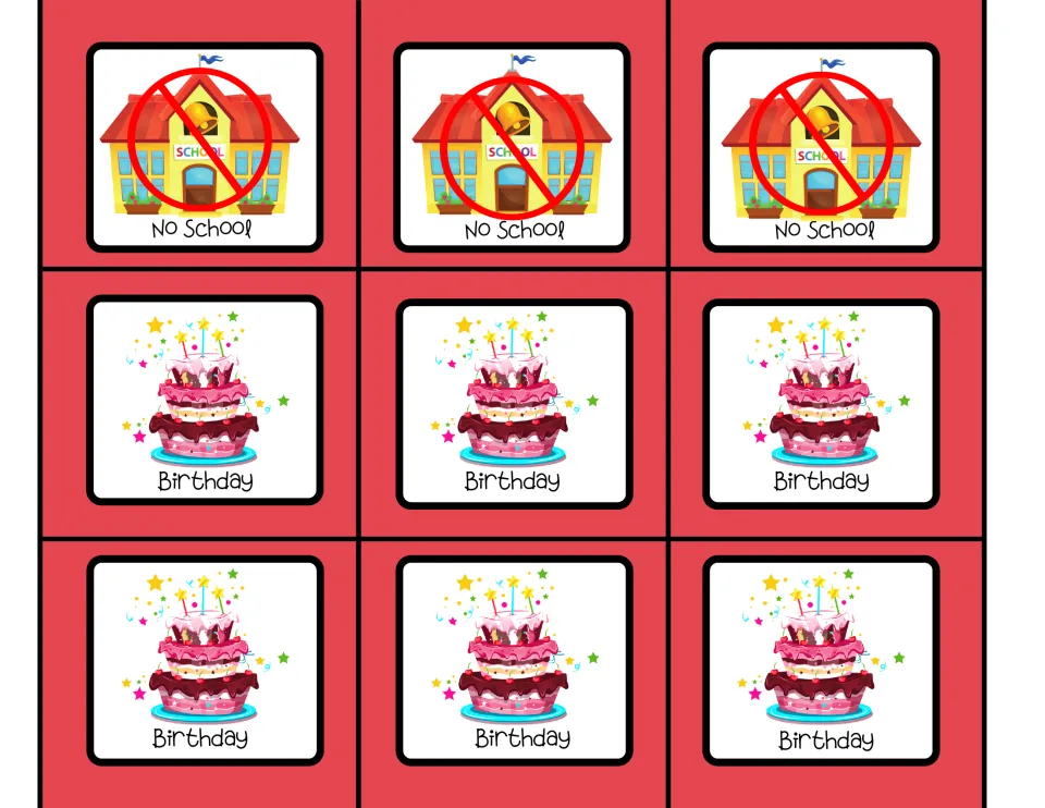Calendar markers: three No School cards with a crossed-out schoolhouse and six Birthday cards with a cake