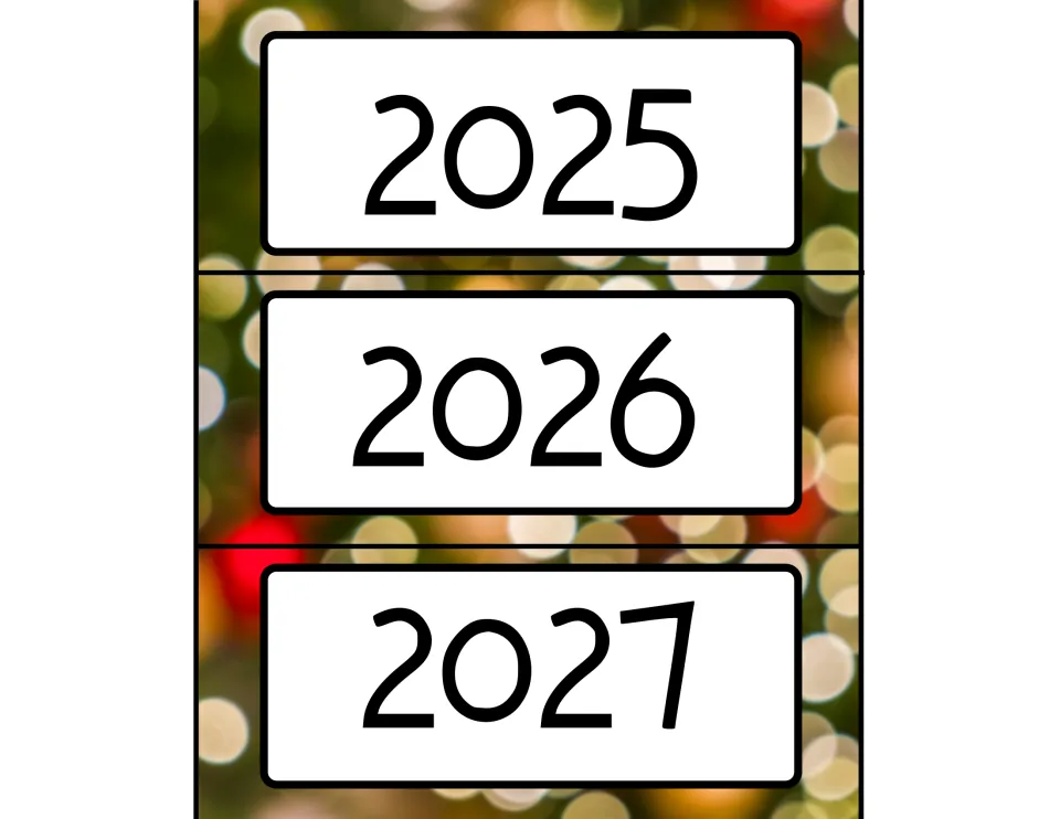 Year labels 2025, 2026 and 2027 on a blurred holiday lights backdrop for updating the classroom calendar in later years