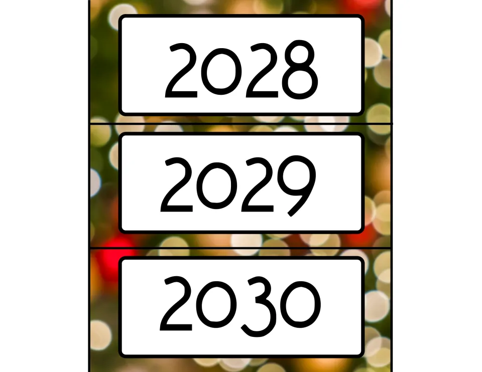 Year labels 2028, 2029 and 2030 on holiday lights, the final set of year strips for reusing the calendar display