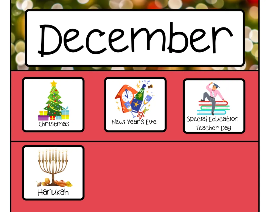 December month header with event cards for Christmas, New Years Eve, Special Education Teacher Day and Hanukah