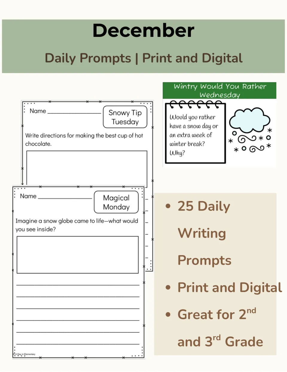December daily prompts cover: 25 print and digital writing prompts for 2nd and 3rd grade, with sample pages