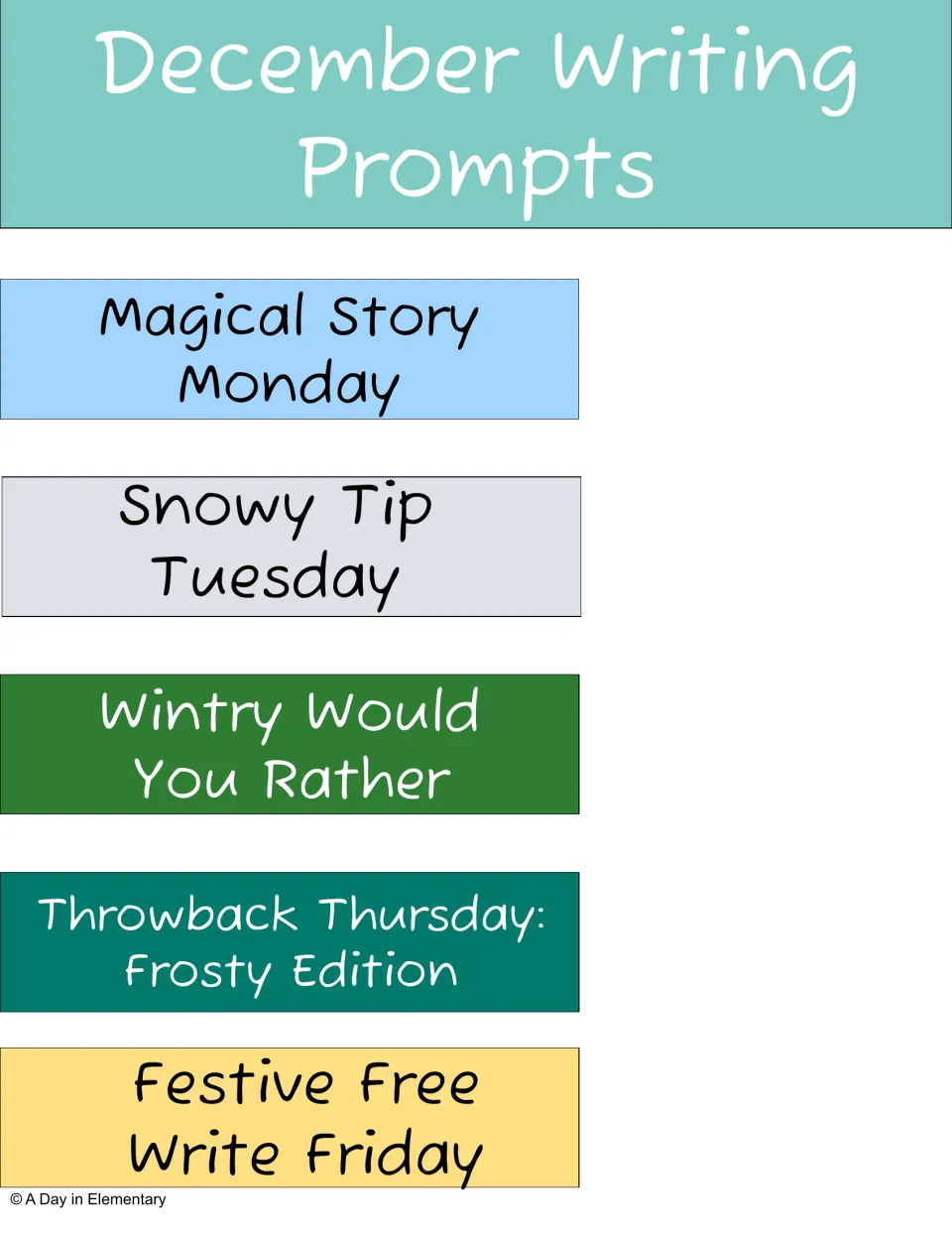 December Writing Prompts title cards naming the five daily themes, from Magical Story Monday to Free Write Friday