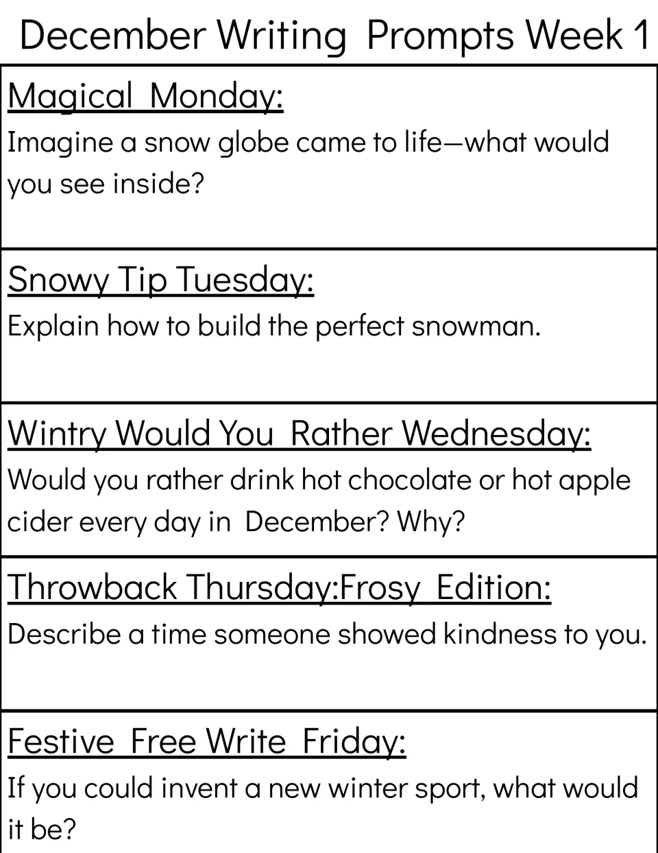 Week 1 prompts: a living snow globe, building a snowman, cocoa or cider, a kind act, inventing a winter sport