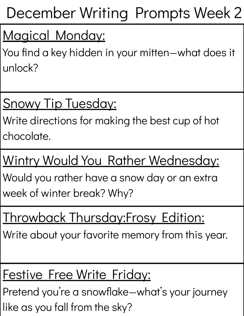 Week 2 prompts: a key in a mitten, hot chocolate directions, snow day or longer break, a memory, a snowflake