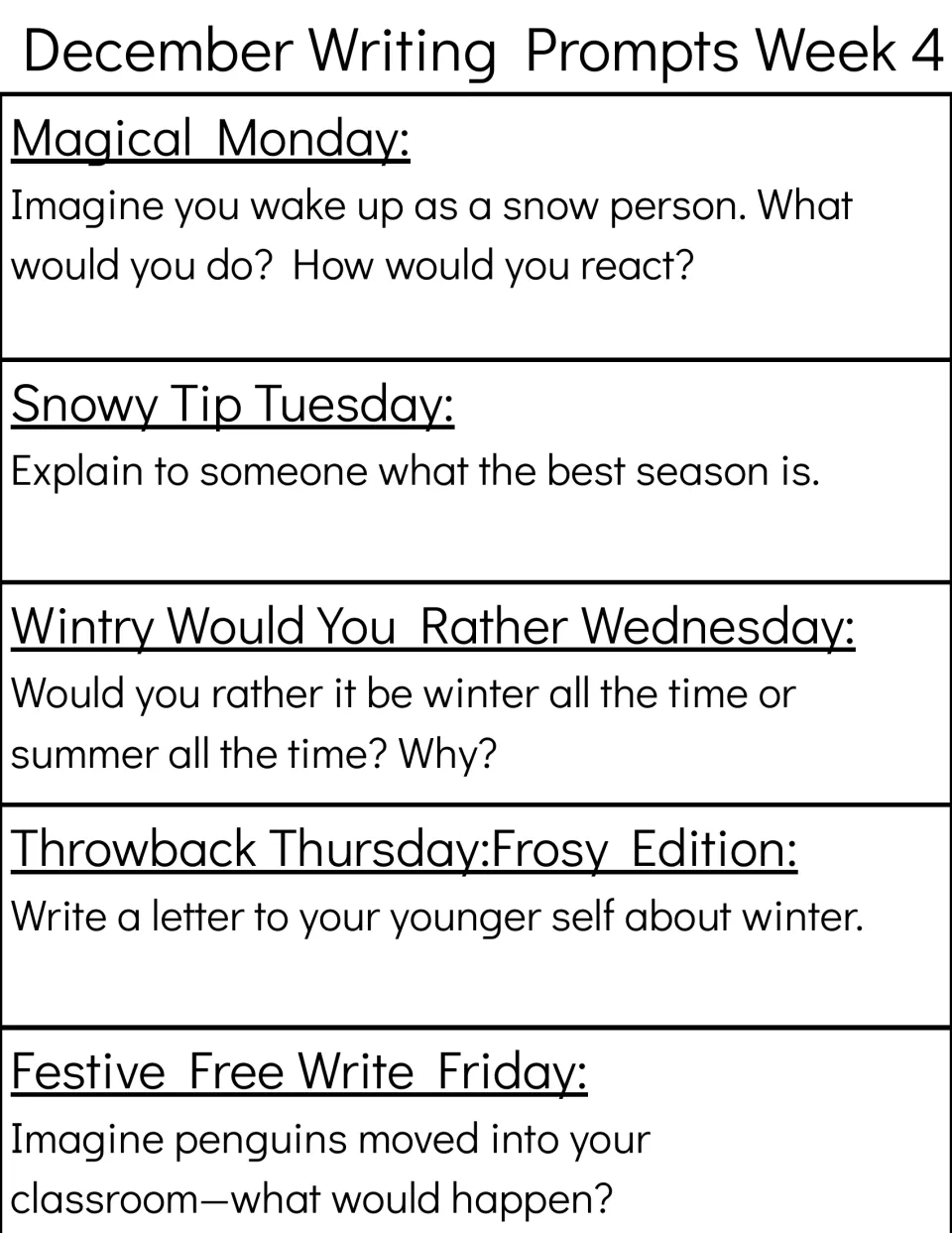 Week 4 prompts: waking as a snow person, the best season, winter or summer, a letter to your younger self