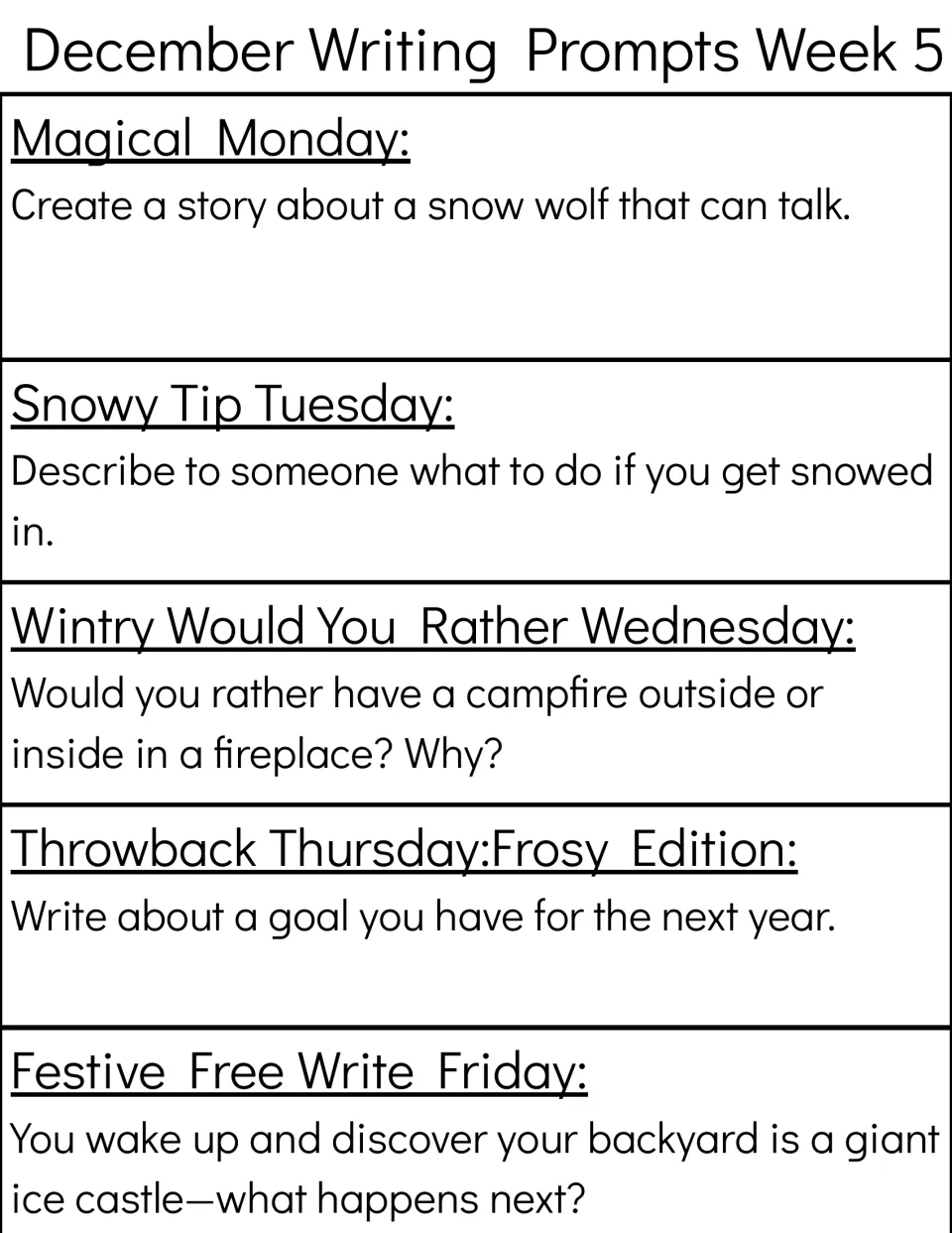 Week 5 prompts: a talking snow wolf, getting snowed in, campfire or fireplace, a goal for next year, an ice castle