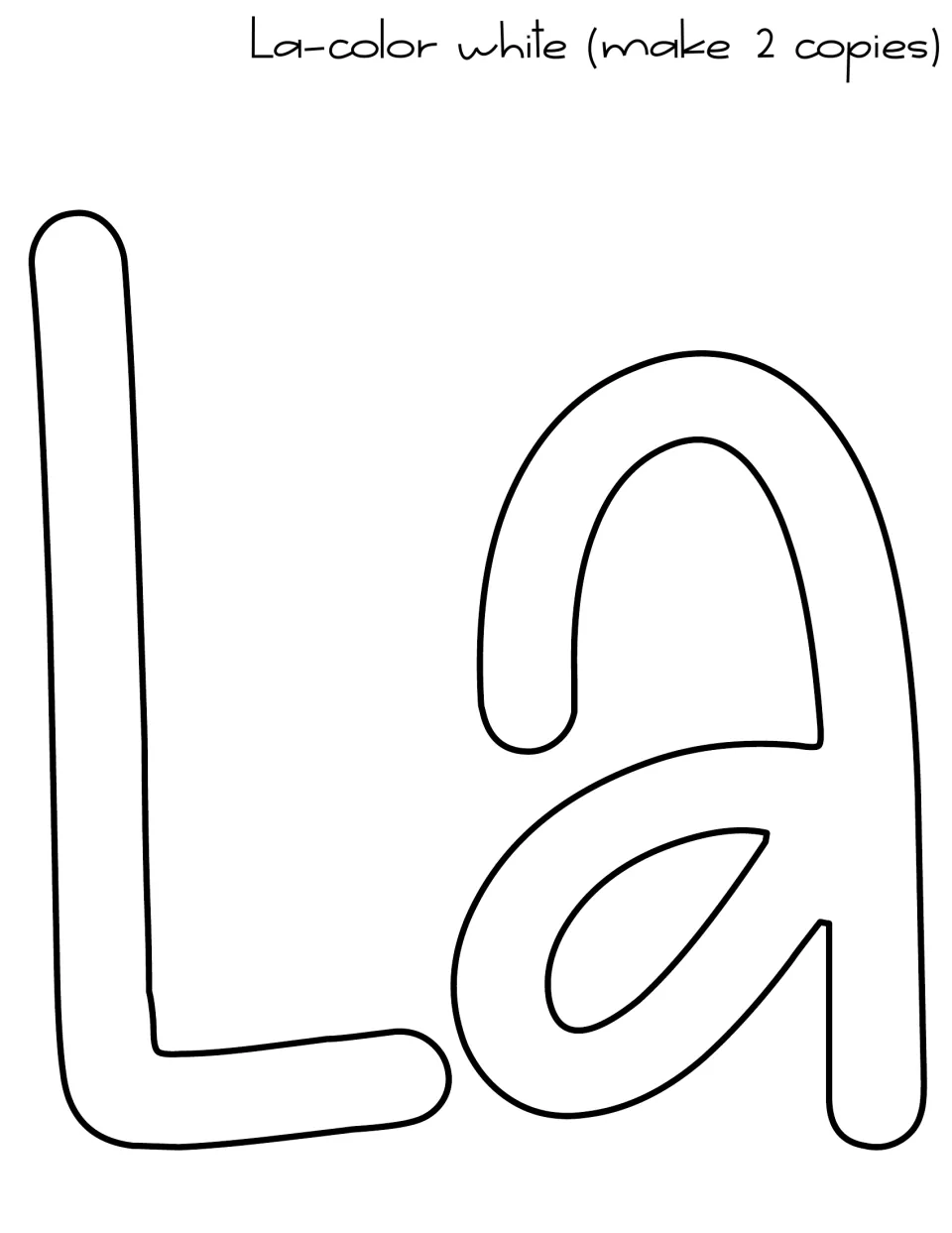 Bubble letter outlines spelling 'La' for the door banner, labeled color white with a note to make 2 copies