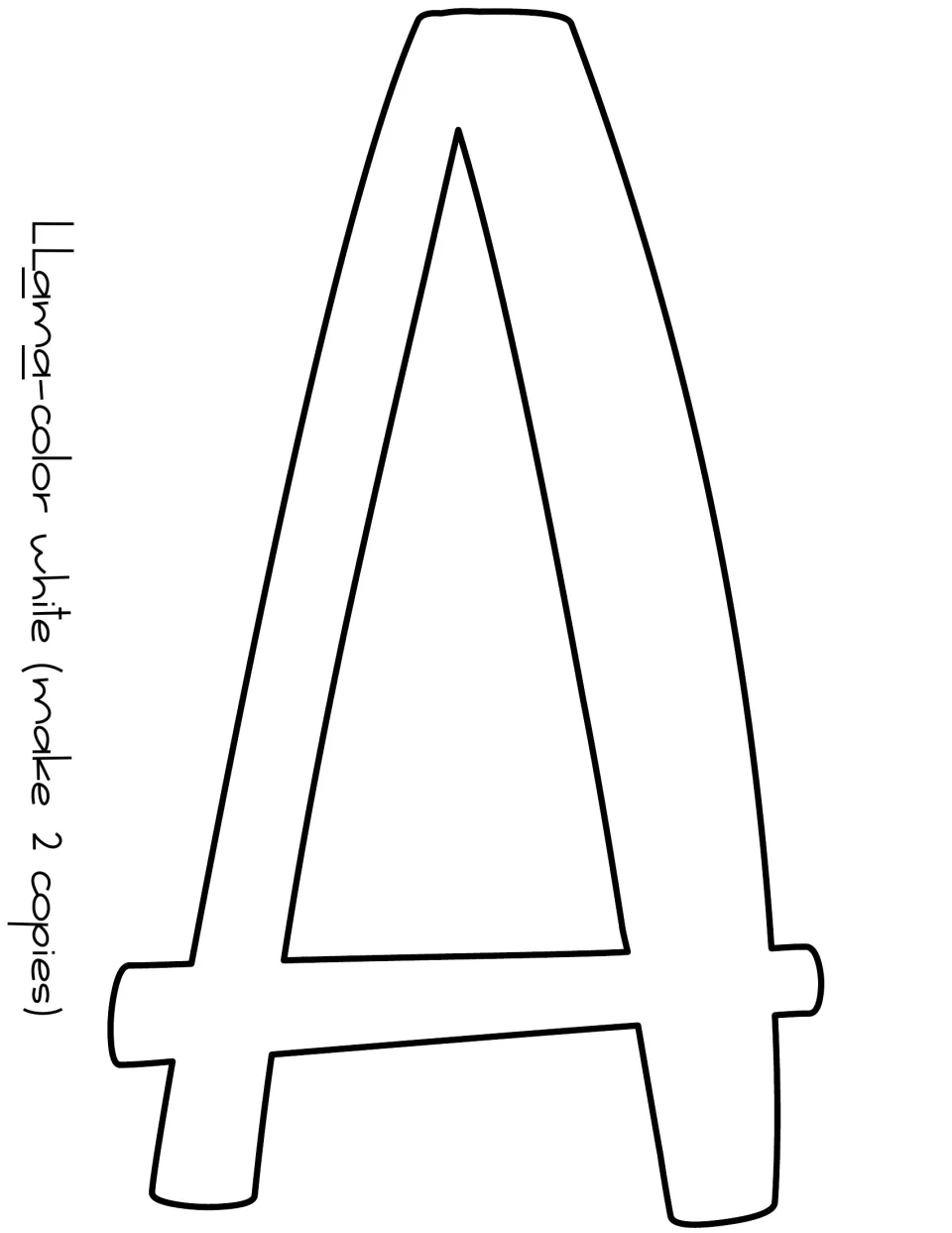 Large outlined capital A letter for spelling Llama on the door, labeled color white with a note to make 2 copies