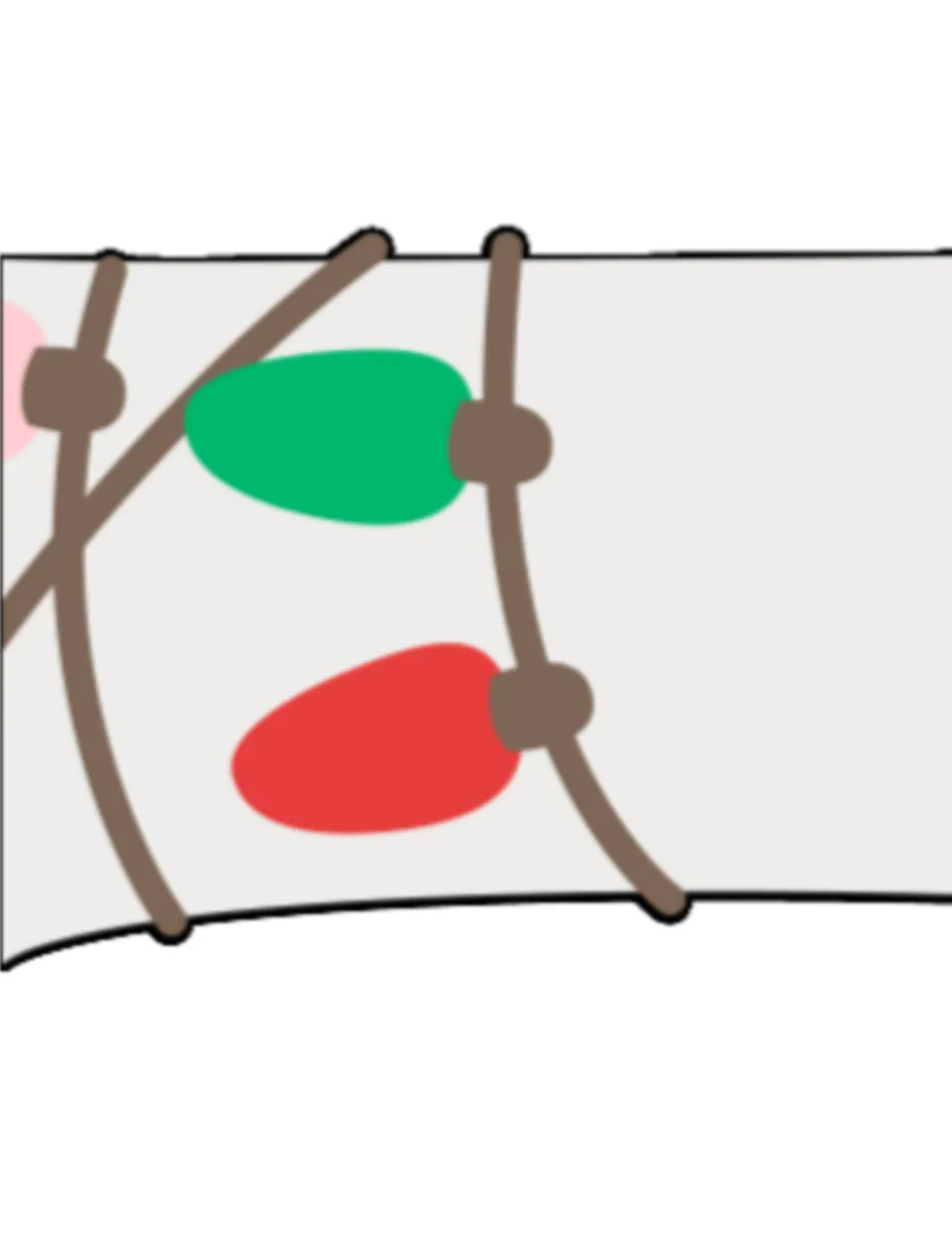 Cut-out piece of the llama illustration: a gray body section wrapped in brown string lights with green and red bulbs