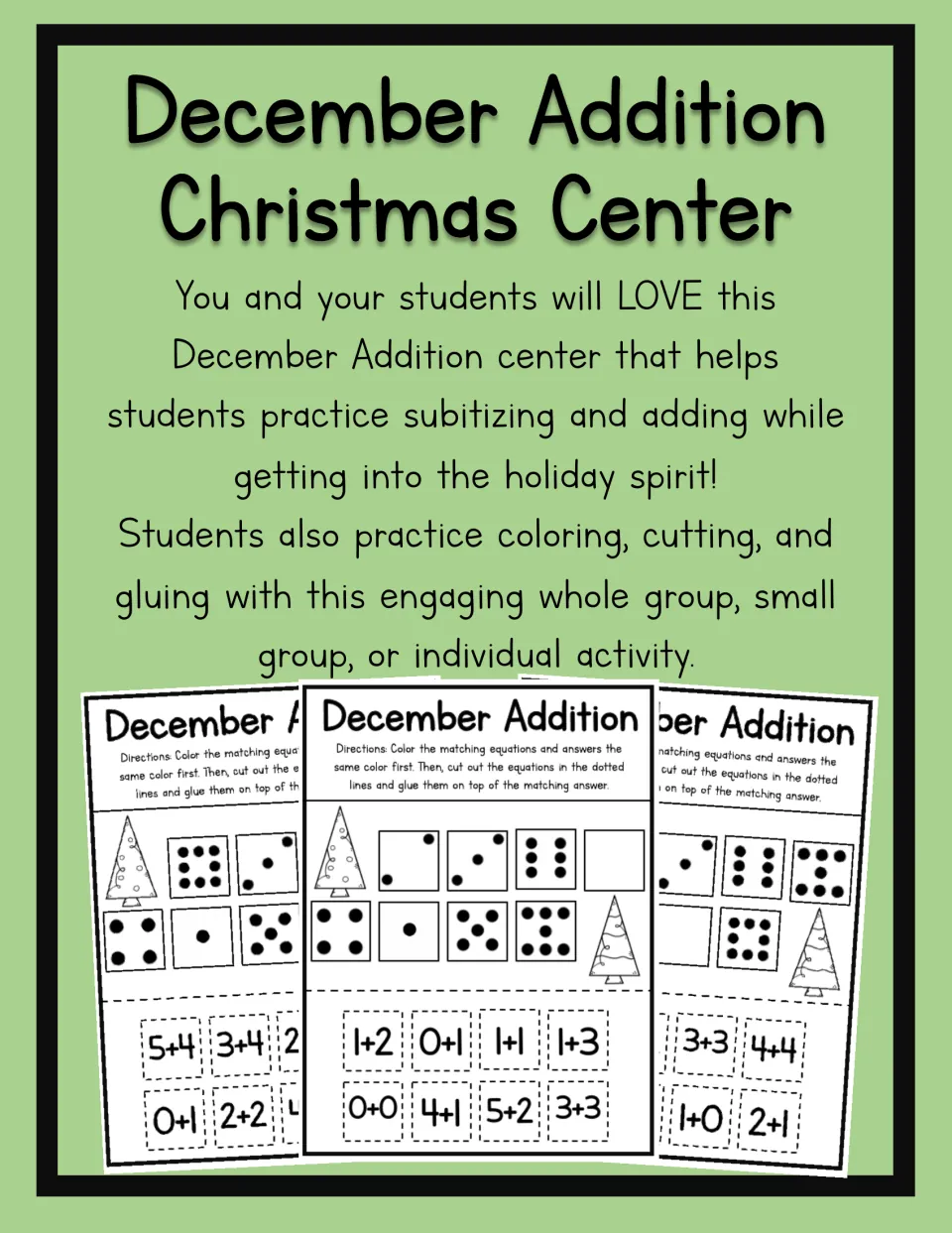 December Addition Christmas Center cover: subitizing and adding with color, cut and glue sheets, shown in a page preview