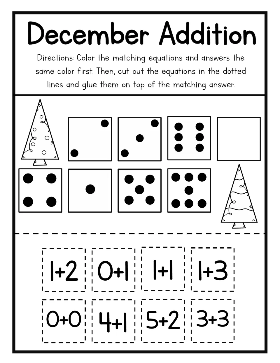 December addition: students color, cut and glue 1+2, 0+1, 1+1, 1+3, 0+0, 4+1, 5+2 and 3+3 onto matching dot-pattern sums