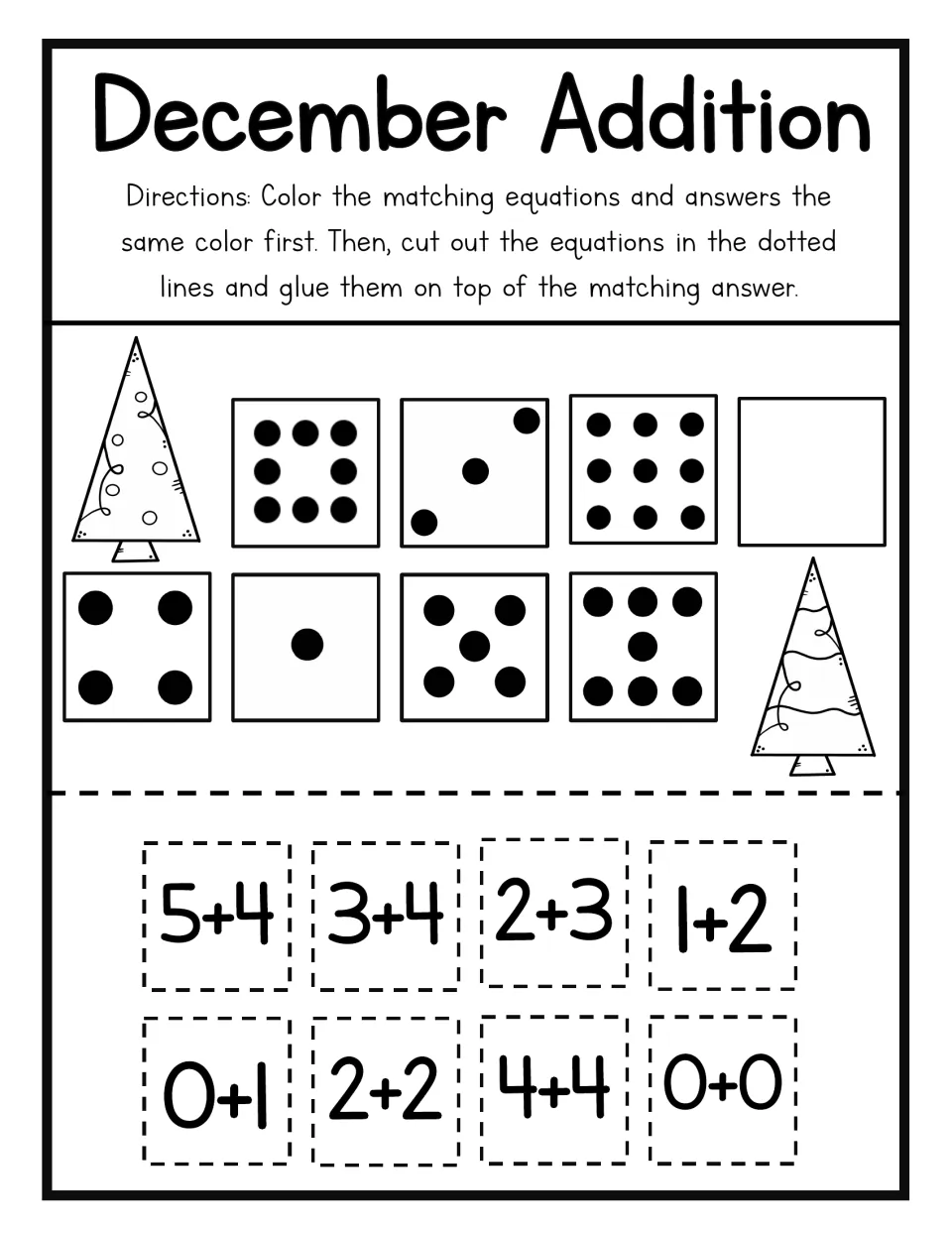 Christmas tree addition match: students subitize dot squares and glue 5+4, 3+4, 2+3, 1+2, 0+1, 2+2, 4+4 and 0+0 onto sums