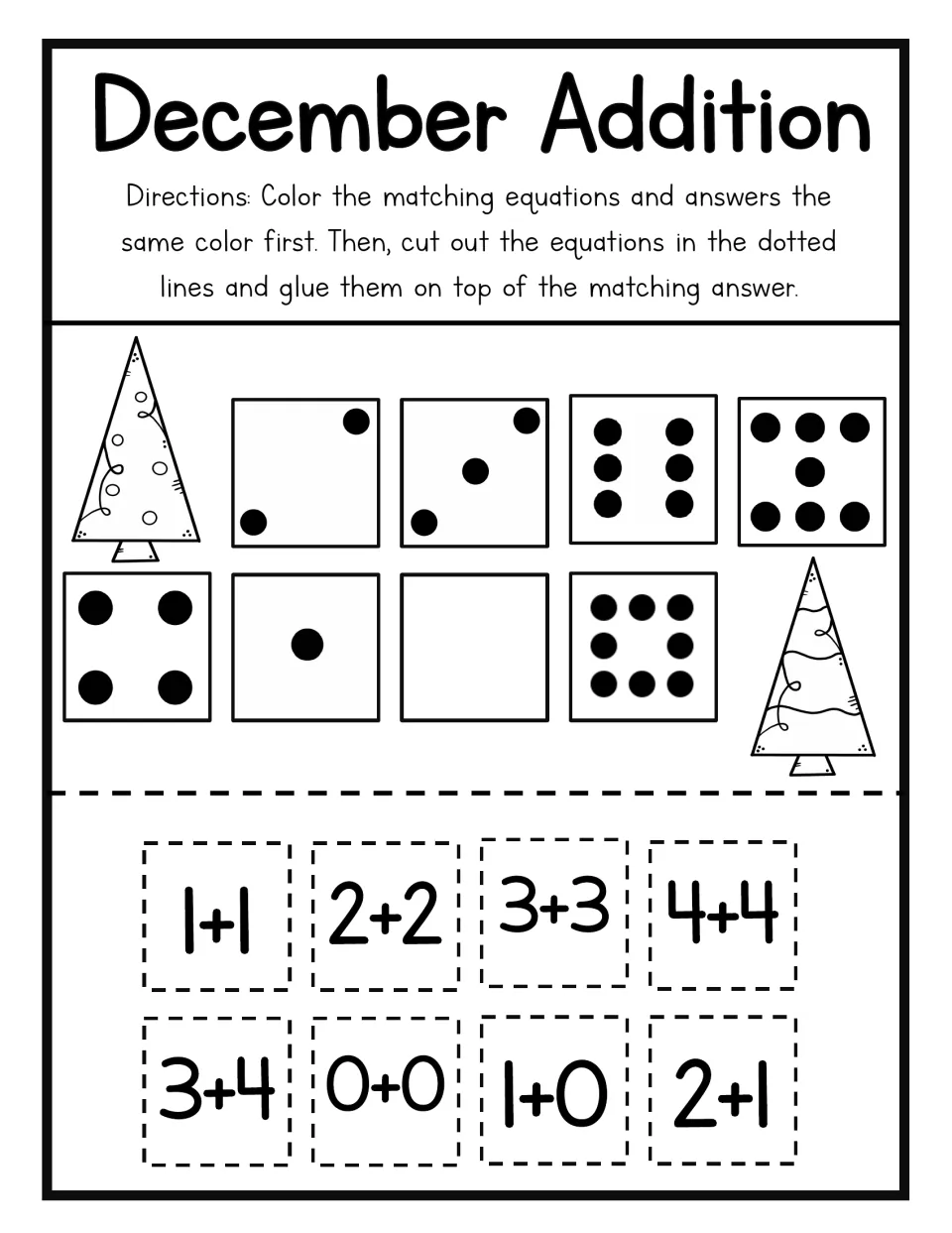 Addition cut and glue with doubles 1+1, 2+2, 3+3, 4+4 plus 3+4, 0+0, 1+0 and 2+1; students match each to its dot sum