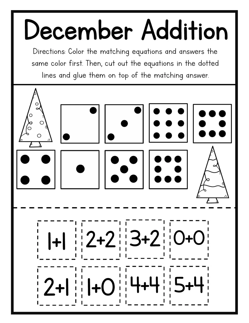 Dot-pattern addition match: color pairs, then cut out 1+1, 2+2, 3+2, 0+0, 2+1, 1+0, 4+4 and 5+4 and glue on the sums