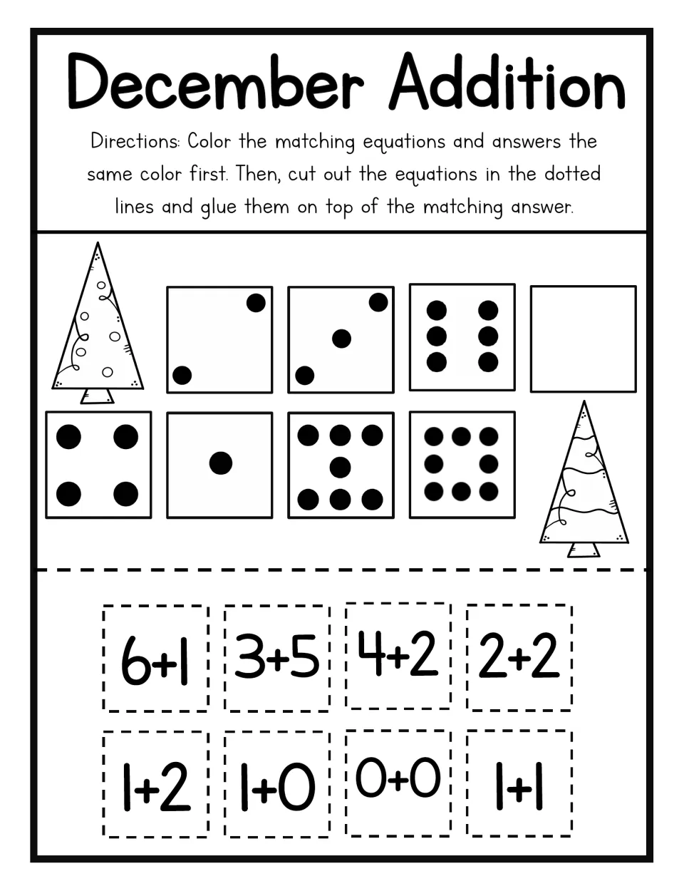 Holiday sums match: students color and paste 6+1, 3+5, 4+2, 2+2, 1+2, 1+0, 0+0 and 1+1 onto dot squares showing totals