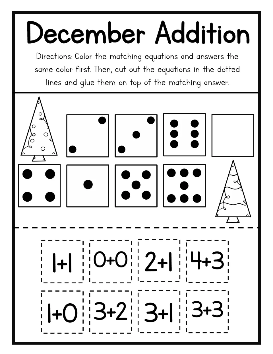 Subitizing and adding: cut out 1+1, 0+0, 2+1, 4+3, 1+0, 3+2, 3+1 and 3+3, then glue each card onto the dot set it equals