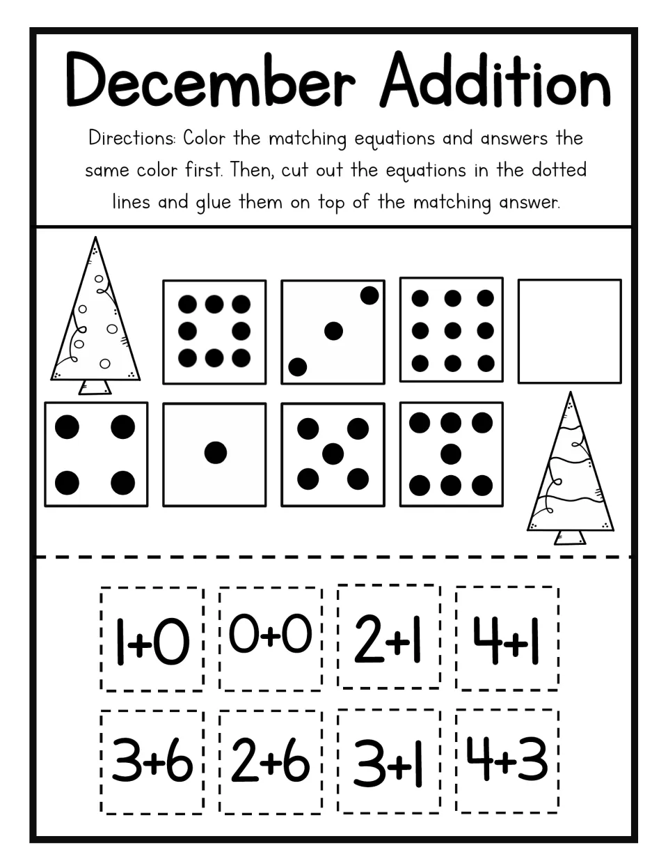 Christmas addition matching: students color then glue 1+0, 0+0, 2+1, 4+1, 3+6, 2+6, 3+1 and 4+3 on the equal dot patterns