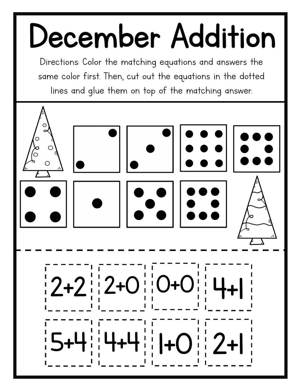December sums to 9: students match 2+2, 2+0, 0+0, 4+1, 5+4, 4+4, 1+0 and 2+1 to dot squares, then cut and glue them on