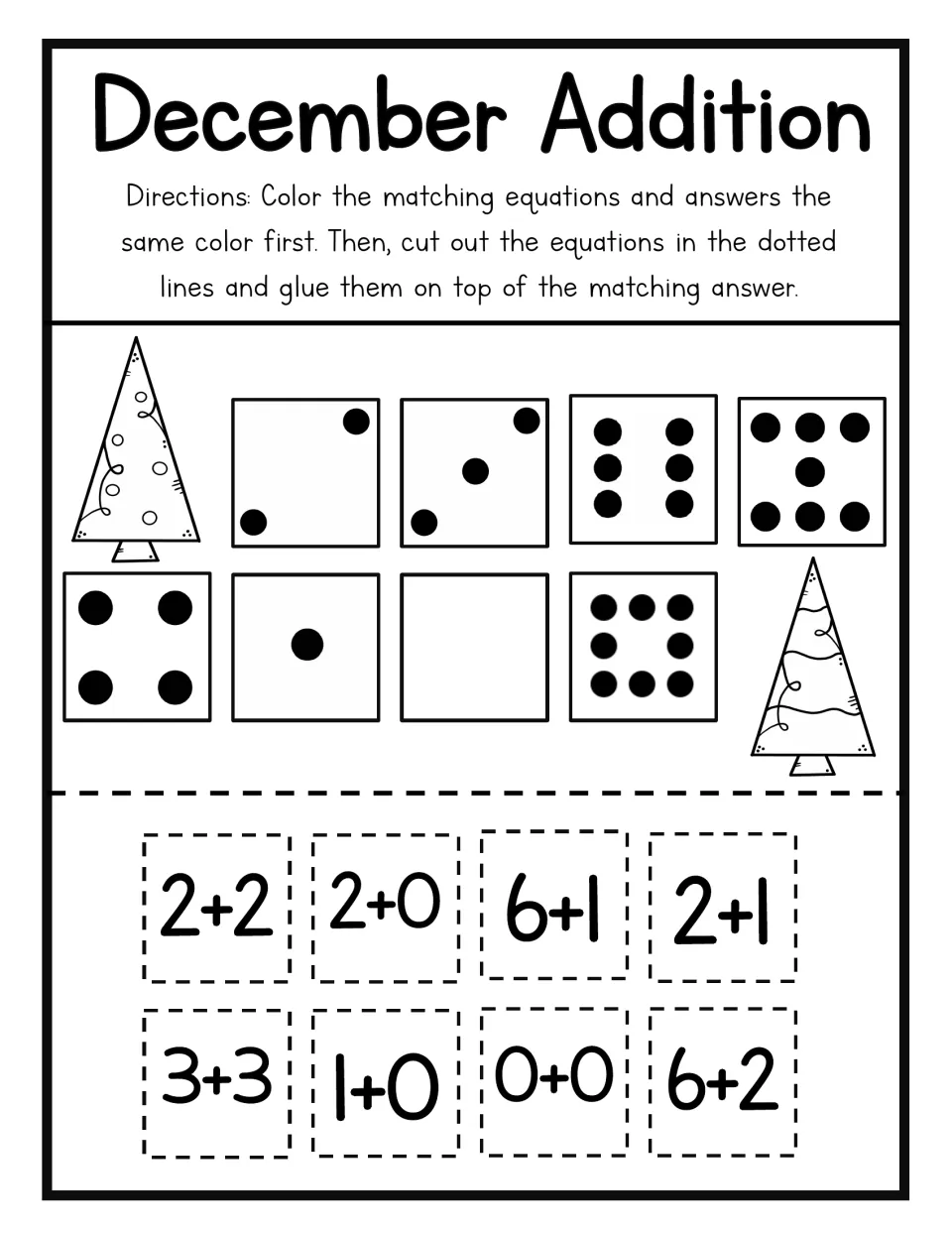 Tree-themed addition: color matches, then cut and glue 2+2, 2+0, 6+1, 2+1, 3+3, 1+0, 0+0 and 6+2 onto dot-pattern totals